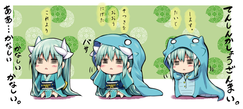 1girl =_= animal_costume animal_print aqua_hair aqua_kimono blush bow chibi closed_eyes dragon_girl dragon_horns fate/grand_order fate_(series) horns japanese_clothes kimono kiyohime_(fate/grand_order) multiple_horns obi sash sen_(astronomy) translation_request triangle_mouth yellow_bow