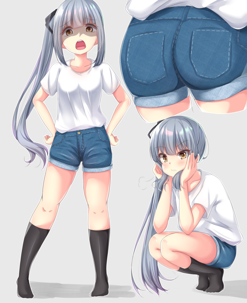 1girl alternate_costume ass black_legwear black_ribbon blue_shorts breasts brown_eyes collarbone commentary_request denim denim_shorts eyebrows_visible_through_hair grey_hair hair_ribbon highres kantai_collection kasumi_(kantai_collection) long_hair niku114514810 open_mouth ribbon shaded_face shirt short_shorts short_sleeves shorts side_ponytail small_breasts socks t-shirt white_shirt