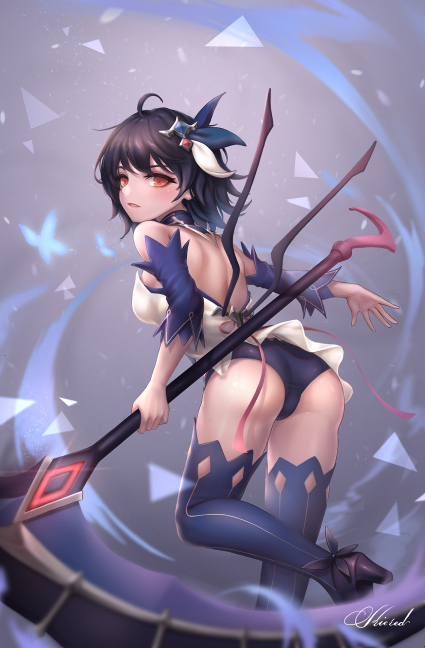 1girl absurdres ahoge ass bare_shoulders benghuai_xueyuan black_footwear black_hair black_panties blue_legwear blue_sleeves blush bug butterfly commentary_request detached_collar detached_sleeves grey_background hair_ornament high_heels highres holding holding_weapon honkai_(series) honkai_impact_3rd insect kie_(wylee2212) leaning_forward long_sleeves looking_at_viewer looking_back orange_eyes panties parted_lips revision scythe seele_vollerei short_hair signature smoke solo striped striped_legwear thigh-highs triangle underwear vertical-striped_legwear vertical_stripes weapon