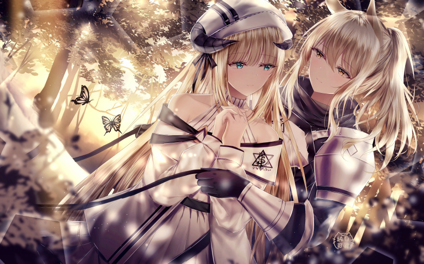 2girls absurdres animal_ears arknights armor backlighting bangs black_gloves black_scarf blonde_hair blue_eyes breastplate bug butterfly eyebrows_visible_through_hair forest gloves hair_between_eyes hair_ribbon hands_clasped hat highres horns insect junpaku_karen long_hair long_sleeves looking_at_another multiple_girls nature nearl_(arknights) nightingale_(arknights) outdoors own_hands_together pauldrons ponytail ribbed_sweater ribbon scarf short_hair sidelocks sweater tree turtleneck turtleneck_sweater upper_body white_sweater yellow_eyes