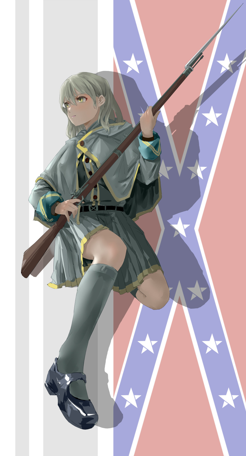 1853_enfield 1girl absurdres american_civil_war bayonet confederate_flag green_eyes green_hair gun highres hong_jun mary_janes military military_uniform musket original pleated_skirt shadow shoes skirt soldier solo uniform weapon