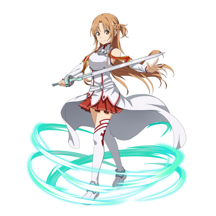 1girl asuna_(sao) braid breastplate brown_eyes brown_hair cape closed_mouth crown_braid detached_sleeves floating_hair full_body highres holding holding_sword holding_weapon long_hair long_sleeves looking_at_viewer miniskirt official_art outstretched_arm pleated_skirt red_skirt shiny shiny_hair skirt smile solo standing sword sword_art_online thigh-highs transparent_background very_long_hair waist_cape weapon white_cape white_legwear white_sleeves zettai_ryouiki