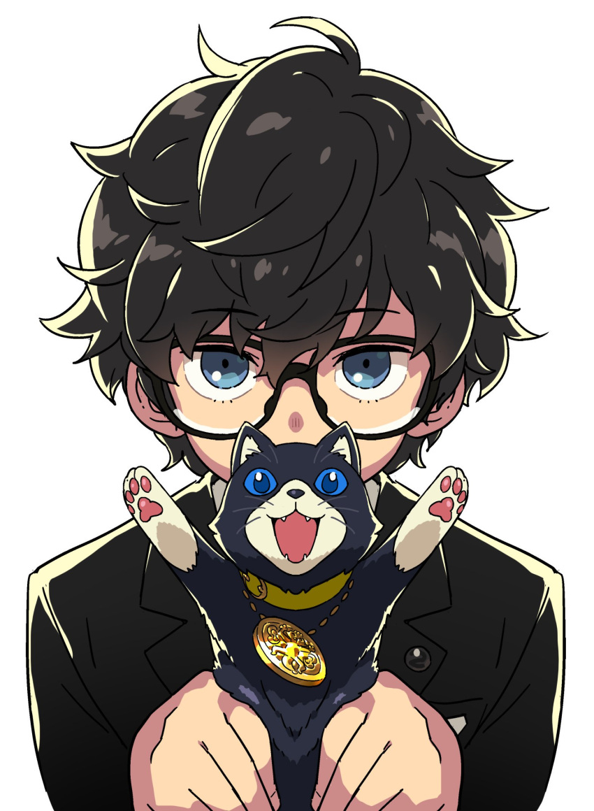 1boy amamiya_ren animal black-framed_eyewear black_hair blue_eyes cat collar eyebrows_visible_through_hair fangs highres himukai_yuuji holding holding_animal holding_cat jewelry male_focus messy_hair morgana_(persona_5) necklace paws persona persona_5 persona_5_the_royal shuujin_academy_uniform simple_background upper_body white_background