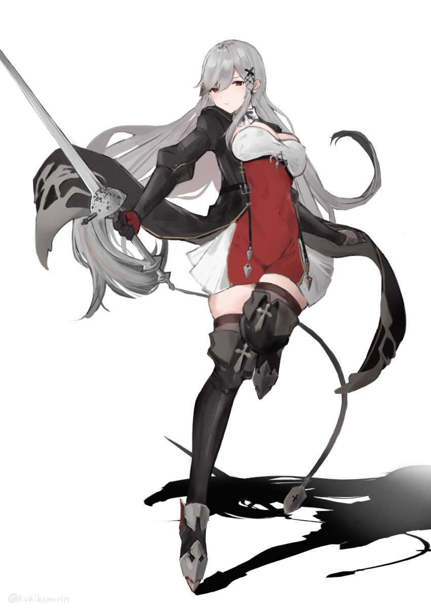 1girl azur_lane bangs black_footwear black_gloves black_jacket black_legwear boots breasts butterfly_hair_ornament closed_mouth covered_nipples dress dunkerque_(azur_lane) floating_hair full_body gloves grey_hair hair_ornament highres holding holding_sword holding_weapon jacket knee_up kukikomori large_breasts long_hair long_sleeves looking_at_viewer pleated_dress red_eyes sidelocks simple_background solo sword thigh-highs thigh_boots twitter_username very_long_hair weapon white_background