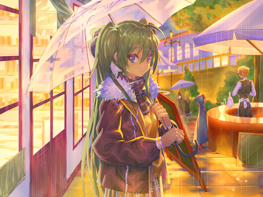 bar blue_eyes bow commentary english_commentary expressionless fur-trimmed_jacket fur_trim green_hair hair_bow hatsune_miku holding holding_umbrella jacket lamppost long_hair looking_at_viewer neriw outdoors plaid plaid_bow plaid_scarf plaid_skirt rain scarf shirt skirt transparent transparent_umbrella tree twintails umbrella upper_body very_long_hair vocaloid waiter window yellow_shirt