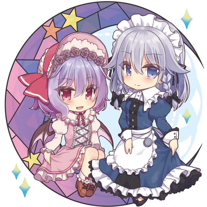 2girls apron bat_wings beni_kurage black_bow black_footwear blue_dress blue_eyes blush bow braid brown_footwear chibi commentary_request diamond_(shape) dress dress_lift eyebrows_visible_through_hair fang full_body hair_bow headdress highres izayoi_sakuya lavender_hair long_sleeves looking_at_viewer maid maid_apron maid_headdress multiple_girls pink_dress red_eyes remilia_scarlet silver_hair smile star touhou twin_braids white_apron wings