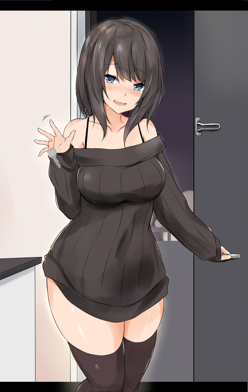 1girl absurdres bare_shoulders black_hair black_legwear blue_eyes blush bra_strap breasts commentary_request door dress highres key letterboxed looking_at_viewer medium_breasts open_door open_mouth original ribbed_dress saku_(kudrove) smile solo
