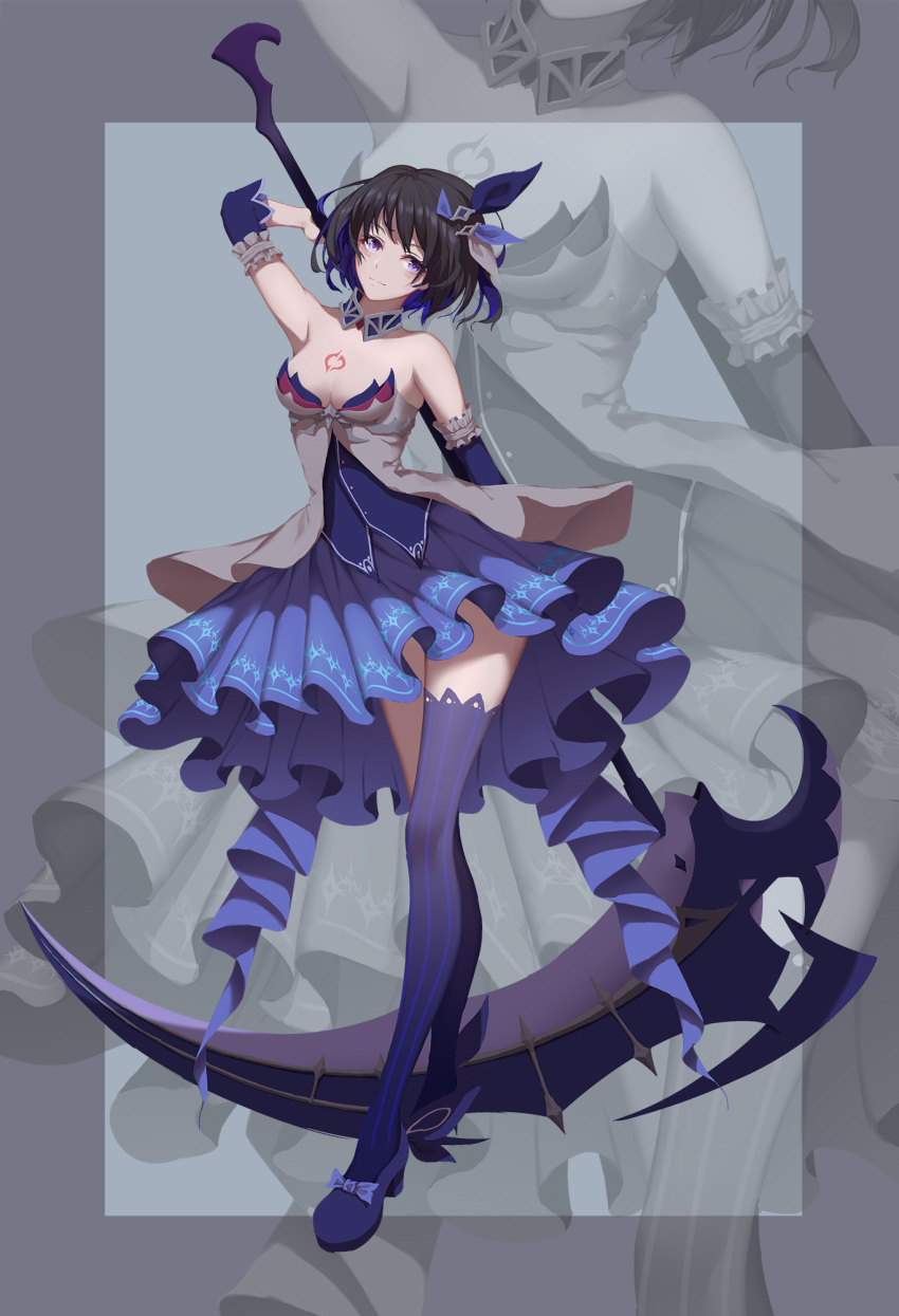 1543058536 1girl armor benghuai_xueyuan black_hair dress hair_ornament highres honkai_(series) honkai_impact_3rd scythe seele seele_vollerei shoes short_hair skirt tattoo