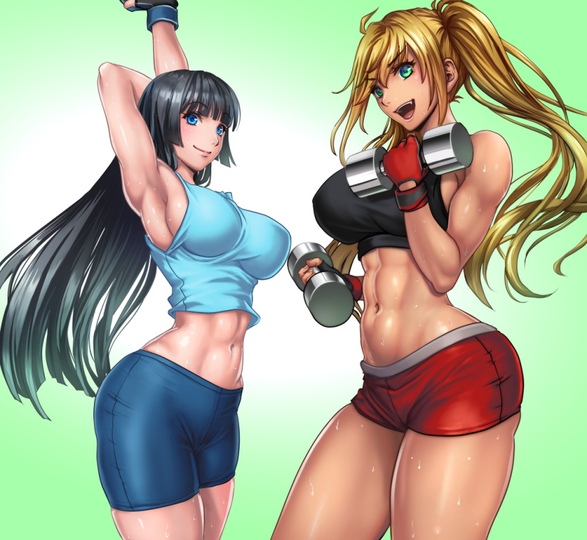 2girls :d abs armpits arms_behind_head bangs bare_shoulders black_hair black_tank_top blonde_hair blue_shorts breasts closed_mouth commentary_request danberu_nan_kiro_moteru? dumbbell eyebrows_visible_through_hair gloves green_eyes high_ponytail large_breasts long_hair multiple_girls muscle muscular_female open_mouth ponytail red_gloves red_shorts sadakage sakura_hibiki_(danberu_nan_kiro_moteru?) shorts sideboob smile souryuuin_akemi stretch sweat tan tank_top thighs