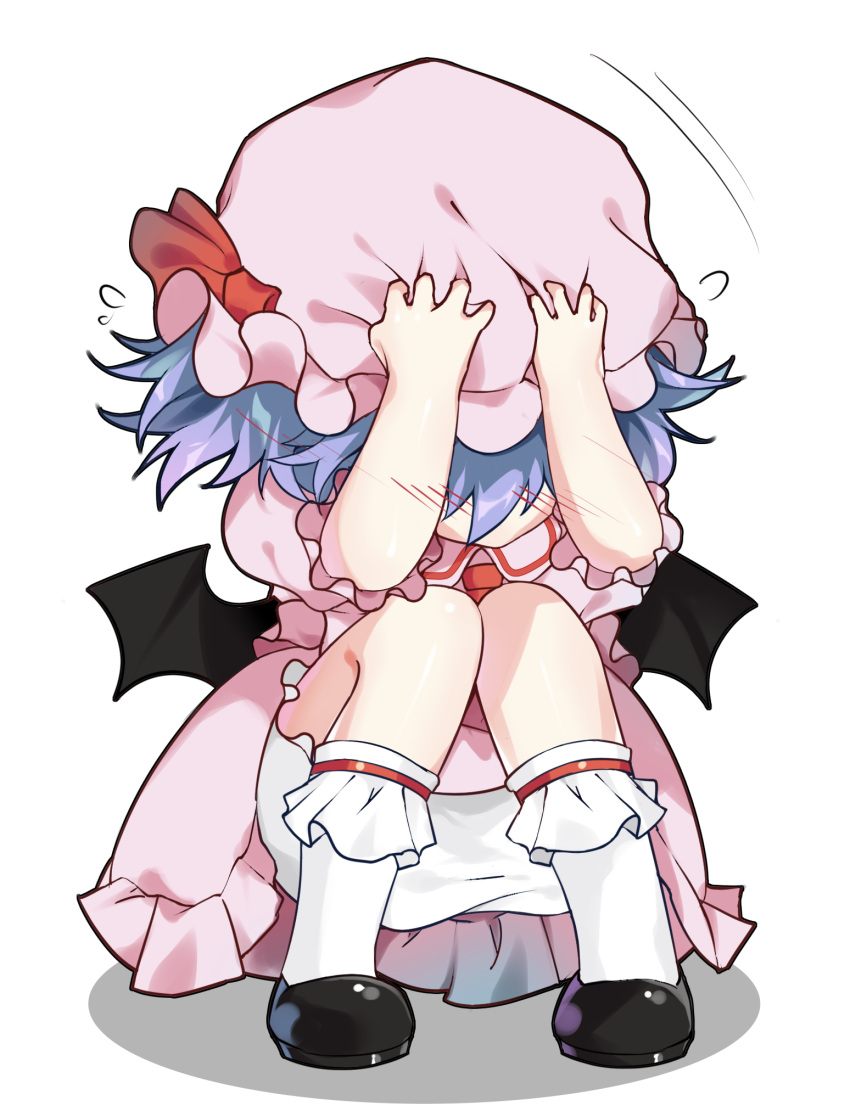 1girl ascot bat_wings black_footwear bloomers blue_hair blush bobby_socks bow chibi commentary cowering diokira dress flying_sweatdrops hands_on_headwear hands_up hat hat_bow highres mob_cap pink_dress pink_headwear puffy_short_sleeves puffy_sleeves red_bow red_neckwear remilia_scarlet revision scared shoes short_hair short_sleeves simple_background socks solo squatting team_shanghai_alice touhou underwear vampire white_background white_bloomers white_legwear wings