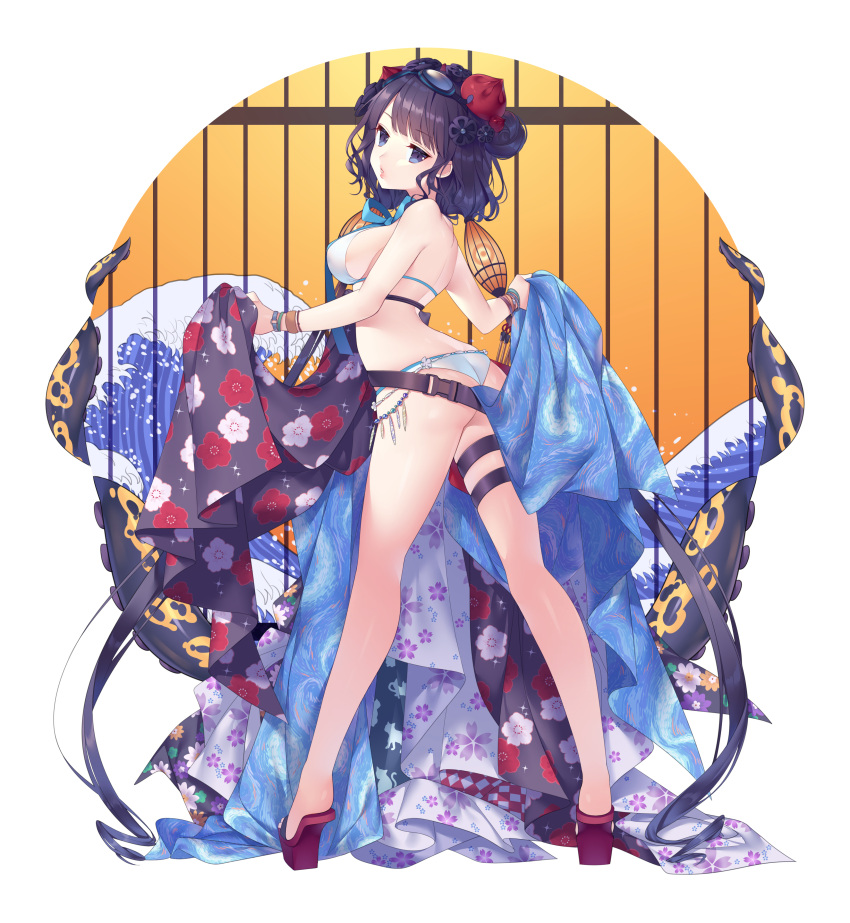 1girl absurdres arched_back ass bangs bare_legs bare_shoulders belt bikini black_flower blue_eyes breasts eyebrows_visible_through_hair fate/grand_order fate_(series) floral_print flower full_body hair_flower hair_ornament highres katsushika_hokusai_(swimsuit_saber)_(fate) legs long_hair looking_at_viewer looking_back low_twintails may_(2747513627) medium_breasts parted_lips pink_lips platform_footwear purple_hair red_footwear sideboob solo standing swimsuit tentacles thigh_strap twintails very_long_hair white_bikini wristband