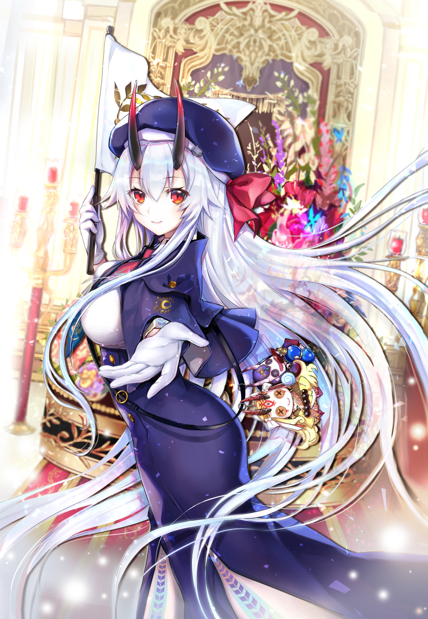 1girl absurdres black_horns breasts candelabra character_doll commentary_request dress eyelashes fate/grand_order fate_(series) flag gloves gradient_horns gradient_neckwear graphite_(medium) hair_between_eyes hat hat_ribbon heroic_spirit_festival_outfit highres holding holding_flag ibaraki_douji_(fate/grand_order) long_dress long_hair mechanical_pencil medium_breasts mintes necktie oni_horns outstretched_hand pencil purple_capelet purple_dress purple_headwear purple_neckwear red_eyes red_horns red_neckwear red_ribbon ribbon shirt shoulder_strap shuten_douji_(fate/grand_order) side_slit silver_hair single_sidelock smile solo sunshine_creation tomoe_gozen_(fate/grand_order) traditional_media very_long_hair white_flag white_gloves white_shirt