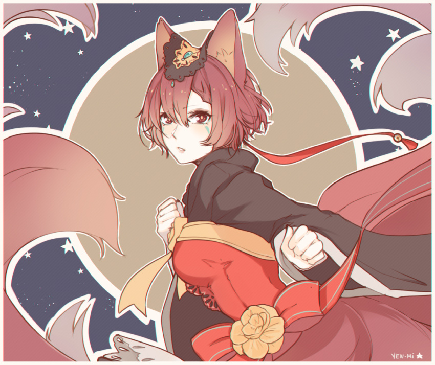 1girl animal_ears breasts clenched_hands facepaint flower fox_ears fox_tail gem hair_between_eyes hair_ornament highres lace_trim long_sleeves looking_at_viewer medium_breasts meiko outline parted_lips red_eyes red_ribbon redhead ribbon short_hair solo tail vocaloid white_outline wide_sleeves yellow_flower yen-mi