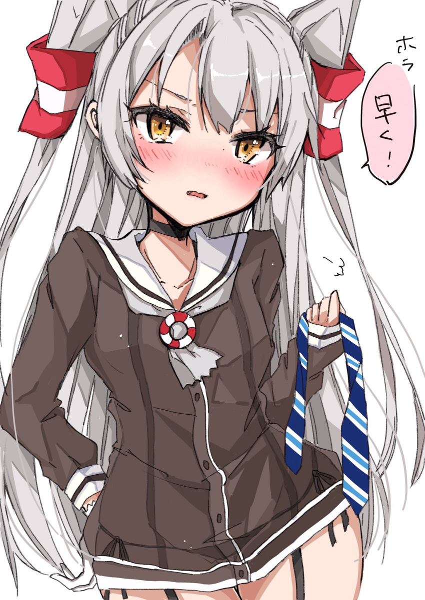 1girl amatsukaze_(kantai_collection) black_panties brown_dress chigasaki_y commentary_request cowboy_shot dress garter_straps gloves hair_tubes hand_on_hip highres holding_neckwear kantai_collection lifebuoy long_hair looking_at_viewer panties sailor_dress see-through short_dress side-tie_panties silver_hair simple_background single_glove smokestack_hair_ornament solo standing translation_request two_side_up underwear white_background white_gloves windsock