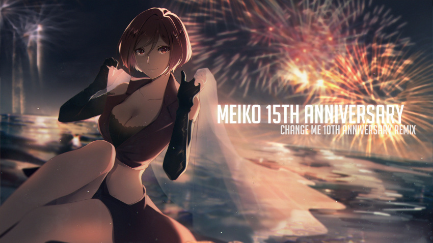 1girl absurdres aerial_fireworks anniversary backlighting bare_shoulders black_gloves blurry blurry_background breasts brown_hair change_me_(vocaloid) closed_mouth crop_top dutch_angle elbow_gloves fireworks gloves hair_between_eyes highres holding knee_up lace_trim looking_at_viewer medium_breasts meiko miniskirt night night_sky red_eyes see-through shawl short_hair sitting skirt sky sleeveless smile solo song_name vocaloid yen-mi