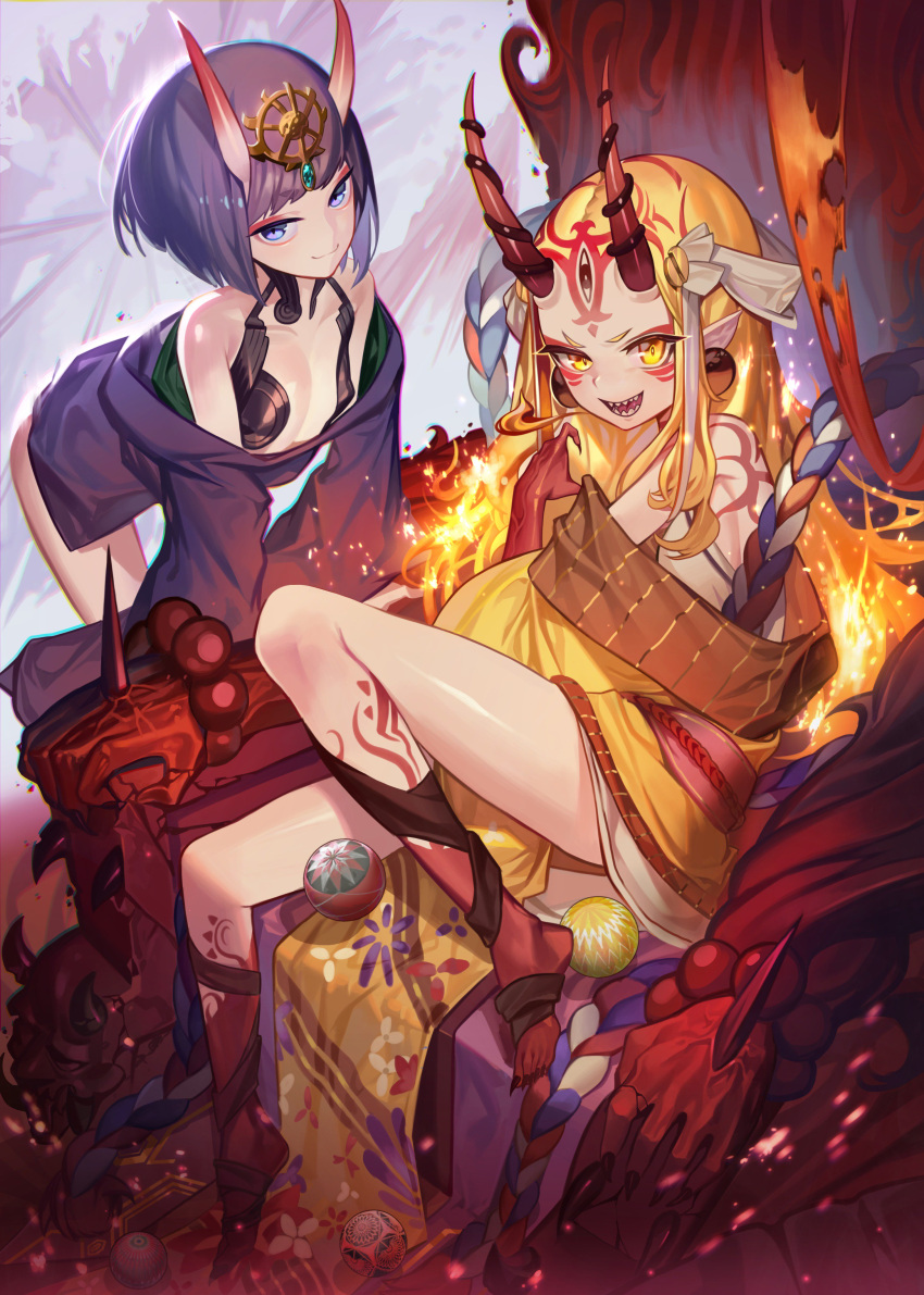2girls absurdres blonde_hair blue_eyes bob_cut breasts chromatic_aberration claws collarbone commentary eyeshadow fate/grand_order fate_(series) headpiece highres ibaraki_douji_(fate/grand_order) japanese_clothes kimono knee_up leg_wrap looking_at_viewer makeup multiple_girls oni oni_horns open_clothes open_kimono open_mouth pointy_ears purple_hair sharp_teeth short_hair short_kimono shuten_douji_(fate/grand_order) sitting small_breasts smile ssangbong-llama tattoo teeth third_eye yellow_eyes