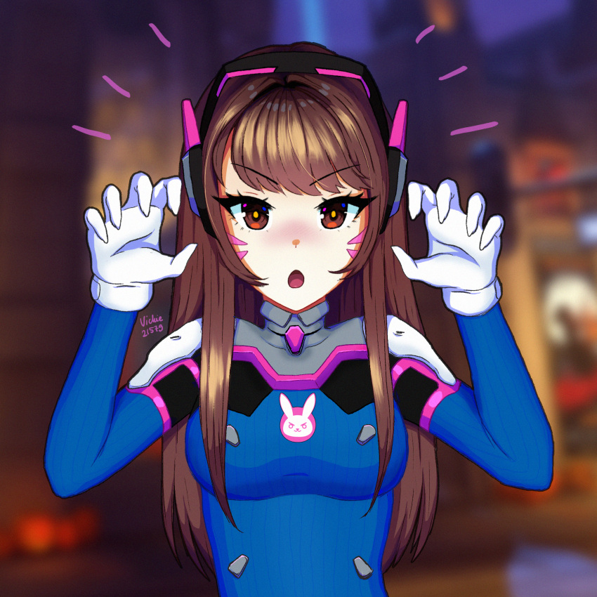 1girl :o bangs blurry blurry_background breasts brown_eyes brown_hair claw_pose commentary cryingrobot d.va_(overwatch) english_commentary eyebrows_visible_through_hair facial_mark gloves hands_up headphones highres long_hair looking_at_viewer medium_breasts overwatch pilot_suit solo upper_body v-shaped_eyebrows whisker_markings white_gloves