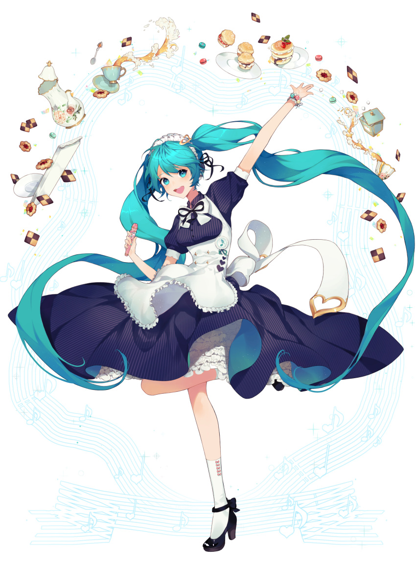 00suger001 absurdres apron aqua_eyes aqua_hair aqua_nails arm_up beamed_eighth_notes black_bow black_footwear bow cookie cup dress food fruit full_body hatsune_miku heart high_heels highres holding holding_microphone long_hair macaron maid maid_headdress microphone musical_note nail_polish open_mouth pancake plate ribbon ruffled_skirt shoes sidelocks simple_background socks solo spilling spoon standing standing_on_one_leg strawberry striped striped_dress tea teacup teapot teeth twintails very_long_hair vocaloid whipped_cream white_bow white_legwear wrist_cuffs