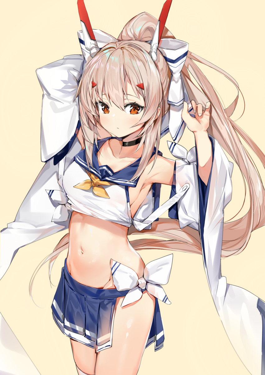 1girl absurdres arms_up ayanami_(azur_lane) azur_lane bare_shoulders beige_background black_choker blue_sailor_collar blue_skirt blush bow breasts brown_eyes brown_hair choker closed_mouth collarbone detached_sleeves groin hair_bow hair_ornament hairclip headgear high_ponytail highres long_hair long_sleeves looking_at_viewer medium_breasts midriff navel pleated_skirt ponytail retrofit_(azur_lane) sailor_collar shirt silver_(chenwen) simple_background skindentation skirt sleeveless sleeveless_shirt solo thigh-highs very_long_hair white_bow white_legwear white_shirt white_sleeves wide_sleeves yellow_neckwear