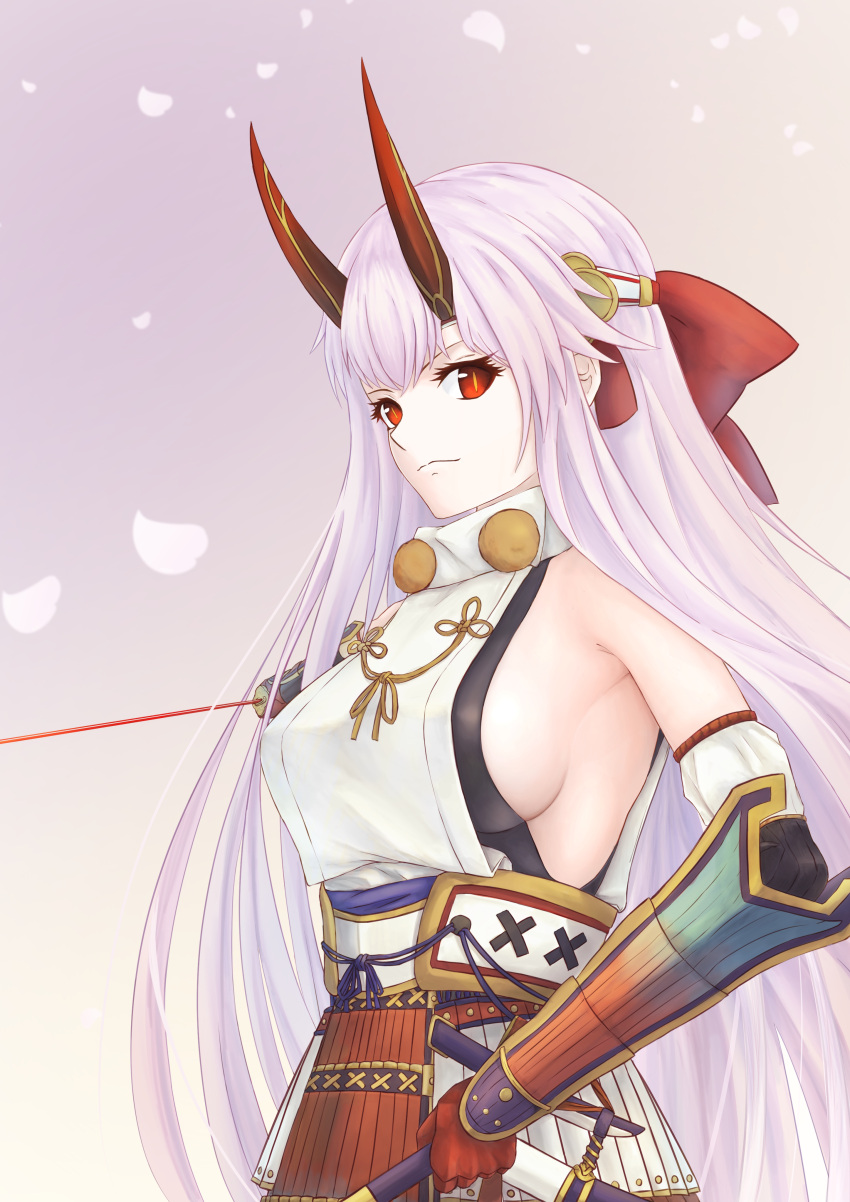 1girl absurdres armor bow breasts commentary_request detached_sleeves fate/grand_order fate_(series) fuwatoromonta hair_bow headband highres holding holding_polearm holding_sword holding_weapon japanese_armor katana kote kusazuri large_breasts long_hair looking_at_viewer oni_horns petals red_bow red_eyes red_horns sideboob silver_hair solo sword tomoe_gozen_(fate/grand_order) very_long_hair weapon white_sleeves