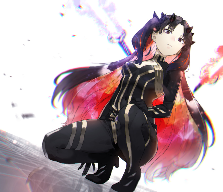1girl black_bodysuit black_bow black_eyes black_gloves black_hair bodysuit bow breasts cleavage_cutout closed_mouth dutch_angle energy_sword fate/grand_order fate_(series) floating_weapon full_body giji_(gishi2186) gloves hair_bow horns long_hair looking_at_viewer multicolored_hair redhead reflective_floor small_breasts smile solo space_ishtar_(fate) squatting sword two-tone_hair two_side_up very_long_hair weapon