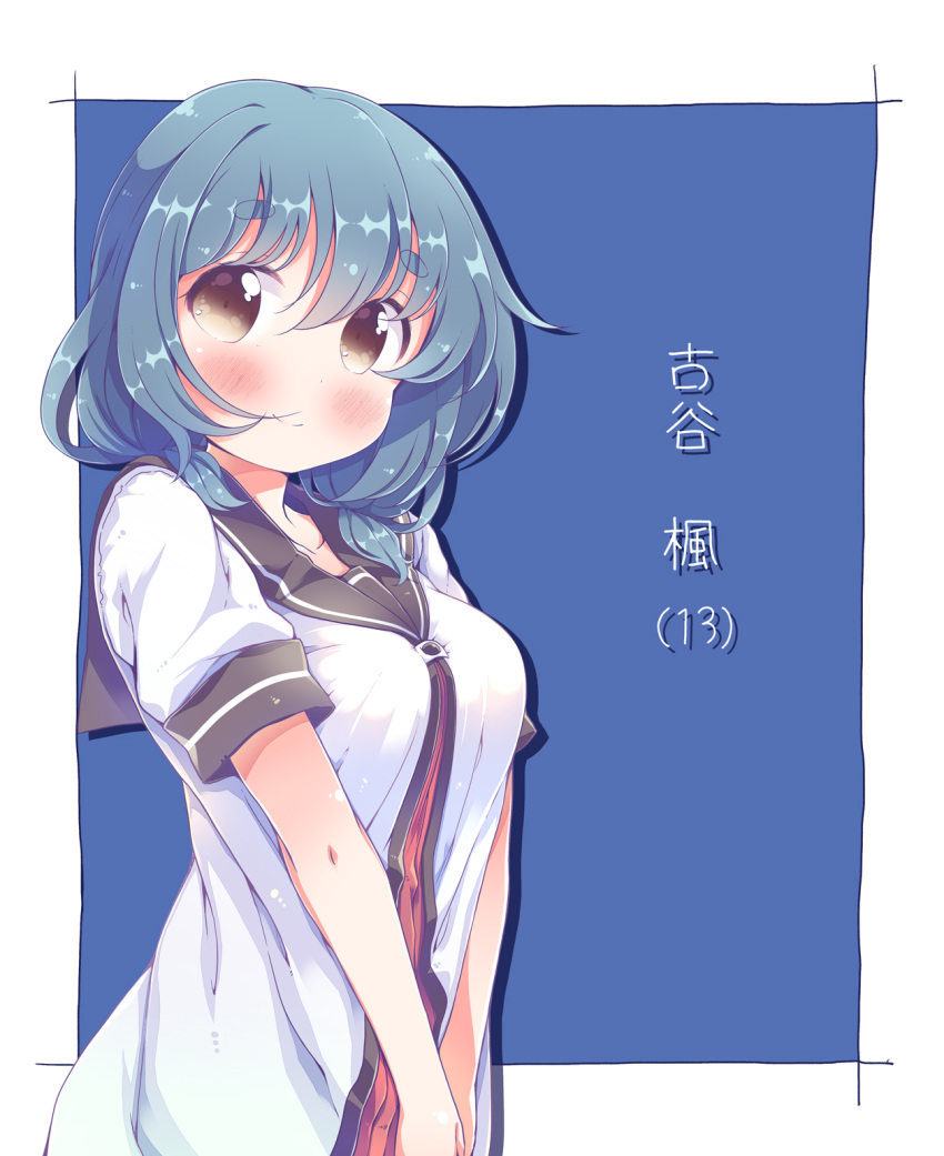 1girl blue_background blue_hair blush breasts brown_eyes character_name closed_mouth collarbone eyebrows_visible_through_hair furutani_kaede highres large_breasts looking_at_viewer nanamori_school_uniform older school_uniform short_sleeves simple_background smile solo takahero thick_eyebrows translated yuru_yuri