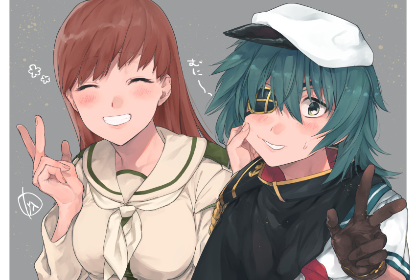 2girls bangs blush breasts brown_gloves brown_hair cape cheek_pinching closed_mouth eyebrows_visible_through_hair eyepatch gloves green_eyes green_hair grey_background grin hat kantai_collection kiso_(kantai_collection) long_hair long_sleeves multiple_girls nakagomiyuki415 ooi_(kantai_collection) pinching remodel_(kantai_collection) sailor_collar sailor_hat school_uniform serafuku short_sleeves signature simple_background smile sweat upper_body v white_headwear