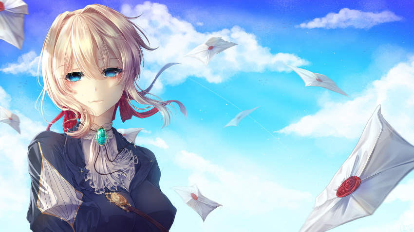 1girl absurdres bangs blonde_hair blue_eyes blue_shirt blue_sky blush closed_mouth clouds covered_nipples day floating_hair hair_between_eyes hair_ribbon highres huge_filesize letter looking_at_viewer outdoors red_ribbon ribbon shiny shiny_hair shirt short_hair sky solo upper_body user_ypvj4285 violet_evergarden violet_evergarden_(character)