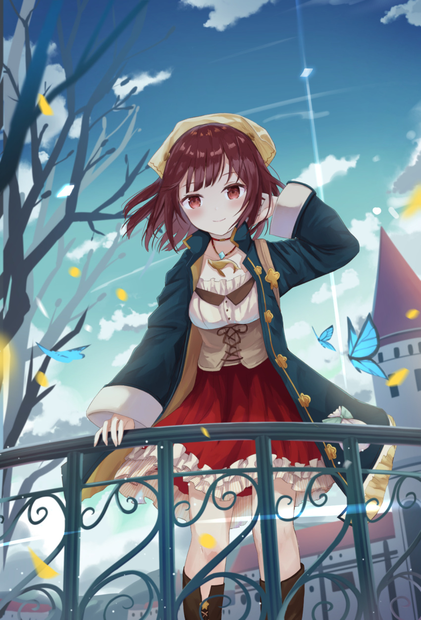 1girl atelier_(series) atelier_sophie bangs blunt_bangs blush brown_eyes brown_hair building coat day eyebrows_visible_through_hair green_coat head_scarf highres jewelry looking_at_viewer necklace open_clothes open_coat outdoors railing red_skirt short_hair skirt smile solo sophie_neuenmuller touhourh