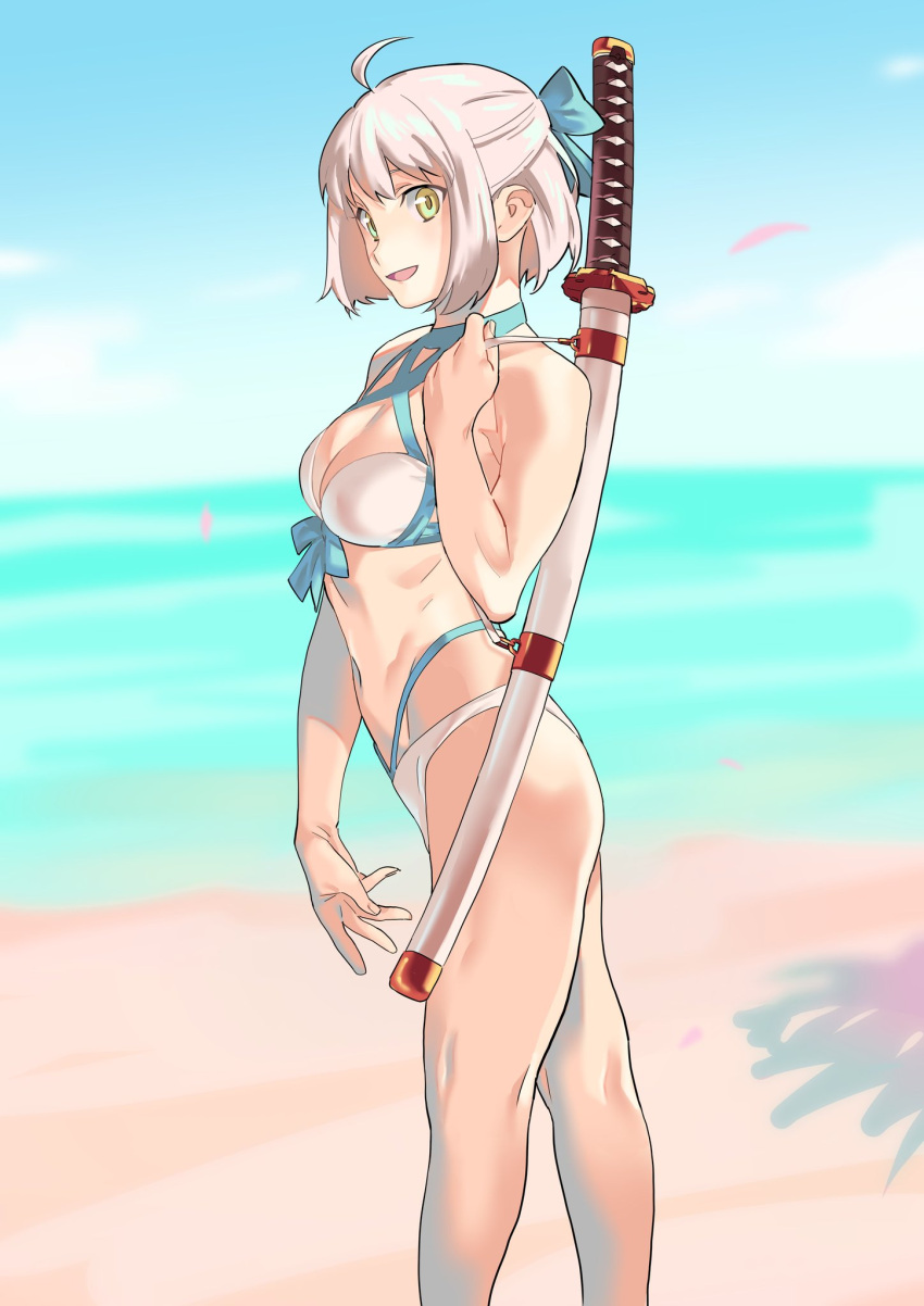 1girl ahoge beach bikini bow commentary_request fate/grand_order fate_(series) from_side henken highleg highleg_bikini highres holding katana looking_at_viewer multi-strapped_bikini ocean okita_souji_(fate)_(all) okita_souji_(swimsuit_assassin)_(fate) open_mouth outdoors over_shoulder pink_hair sheath sheathed short_hair smile solo standing swimsuit sword weapon yellow_eyes