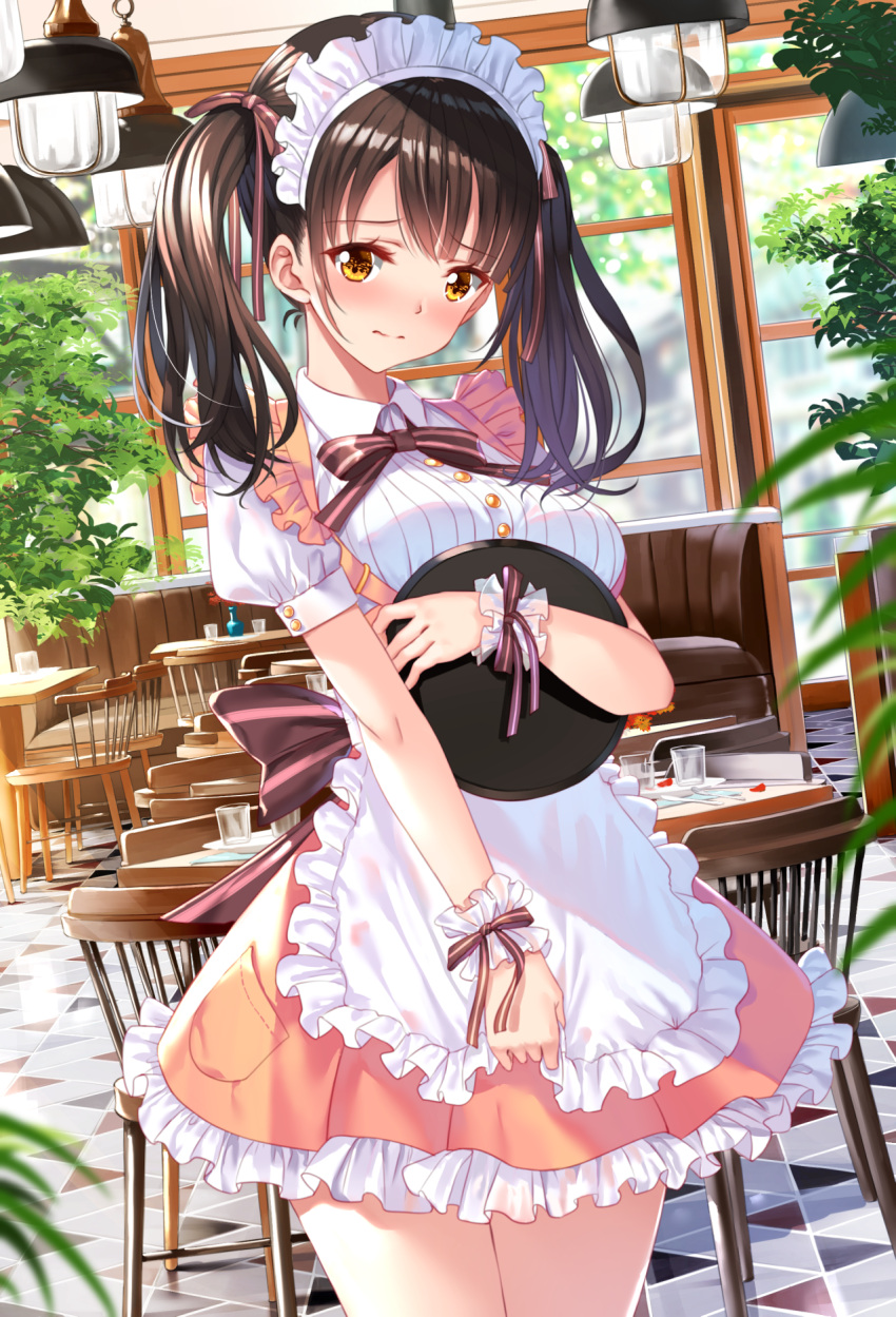 1girl 3: apron blurry blurry_foreground blush breasts brown_eyes brown_hair brown_skirt ceiling_light chair closed_mouth collared_shirt commentary_request couch cup day depth_of_field dress_shirt drinking_glass fork frilled_apron frilled_skirt frills high-waist_skirt highres holding holding_tray indoors knife long_hair looking_at_viewer maid_headdress medium_breasts nose_blush original pleated_skirt puffy_short_sleeves puffy_sleeves shirt short_sleeves skirt solo swordsouls table tray twintails waist_apron waitress white_apron white_shirt window wrist_cuffs