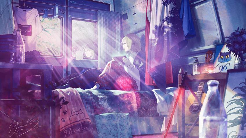 1girl 96neko album_cover barefoot blonde_hair bottle cat commentary cover curtains floral_print flower food fruit fusui grapes guitar hangar indoors instrument light_rays looking_out_window medium_hair on_bed original playing_games rain reflection scenery shinai shirt signature sitting sunlight sword t-shirt vase water_drop weapon