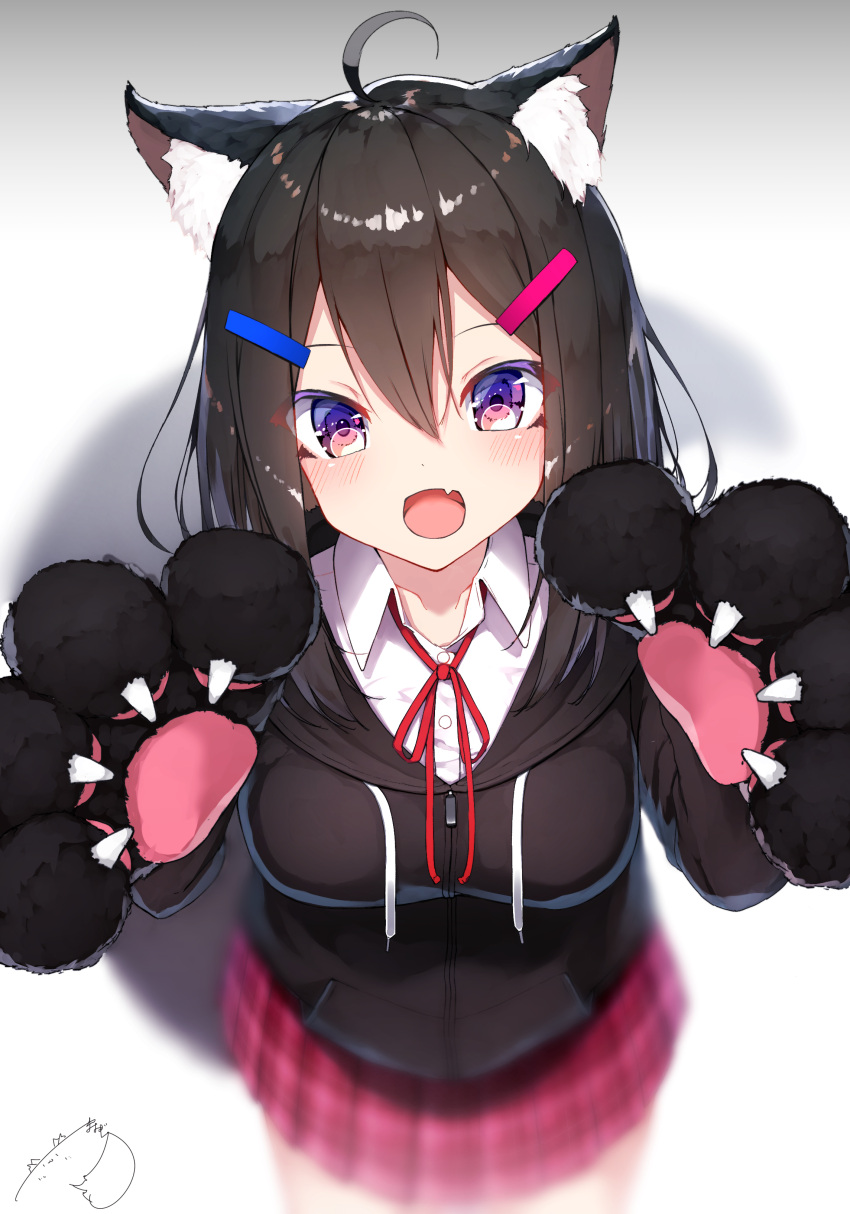 1girl :d absurdres ahoge animal_ear_fluff animal_ears bangs black_gloves black_hair black_jacket blurry blurry_background blush breasts cat_ears collared_shirt commentary_request cowboy_shot depth_of_field drawstring dress_shirt fang gloves hair_between_eyes hair_ornament hairclip hands_up highres hood hood_down hooded_jacket jacket long_sleeves looking_at_viewer mayogii medium_breasts neck_ribbon open_mouth original paw_gloves paws plaid plaid_skirt pleated_skirt red_ribbon red_skirt ribbon shirt skirt smile solo violet_eyes white_shirt