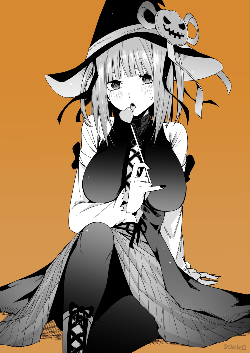 1girl absurdres blush breasts candy chicke_iii cowboy_shot food go-toubun_no_hanayome halloween hat highres hose large_breasts licking lollipop looking_at_viewer nail_polish nakano_nino open_mouth orange_background pantyhose short_hair sitting solo tongue witch witch_hat