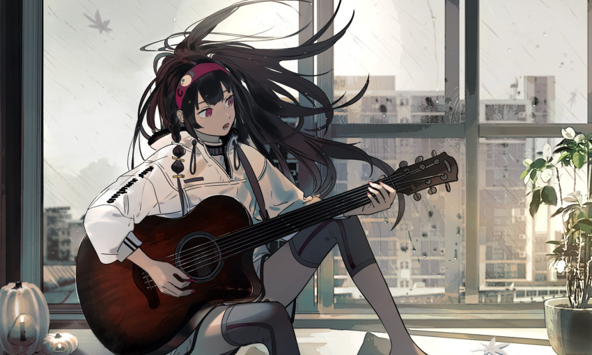 1girl black_hair brown_hair candle eyebrows_visible_through_hair guitar hairband highres holding holding_instrument holding_plectrum hood hoodie indoors instrument kukka leaf long_hair looking_away multicolored_hair open_mouth original pillow plant plectrum potted_plant rain red_nails sitting solo teeth very_long_hair window