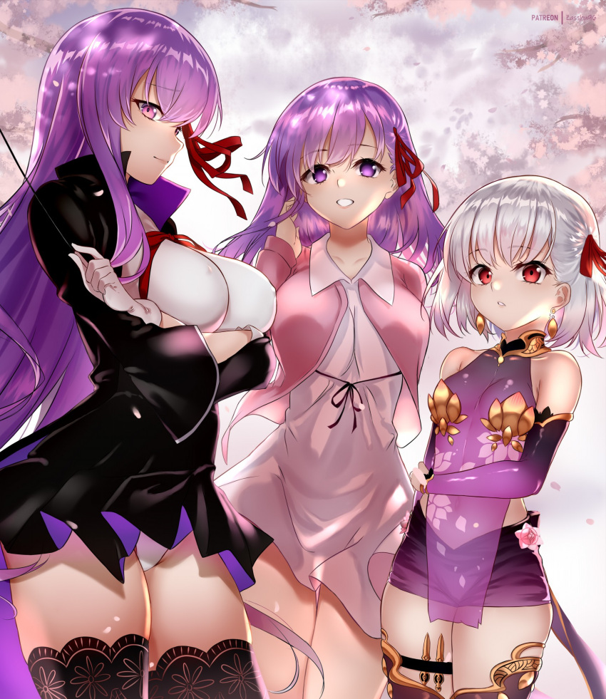 3girls bangs bb_(fate)_(all) bb_(fate/extra_ccc) black_coat blush breasts detached_sleeves dress earrings fate/extra fate/extra_ccc fate/grand_order fate/stay_night fate_(series) gloves hair_ribbon highres holding holding_wand jewelry kama_(fate/grand_order) large_breasts leotard long_hair long_sleeves looking_at_viewer matou_sakura multiple_girls neck_ribbon pink_ribbon purple_dress purple_hair purple_legwear purple_sleeves red_eyes red_ribbon ribbon ring short_hair silver_hair sleeveless sleeveless_dress small_breasts thighs very_long_hair violet_eyes wand white_gloves white_leotard zasshu