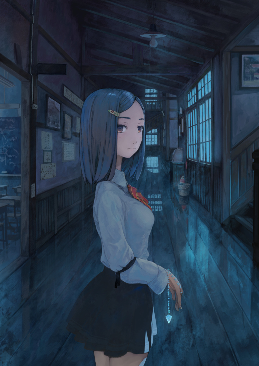 1girl bangs black_hair breasts brown_eyes buckle chair chalkboard desk expressionless fire_extinguisher forehead hair_ornament hairclip hallway highres jewelry kuchibiru_(lipblue) long_hair night original parted_bangs phone school_chair school_desk school_uniform skirt solo stairs