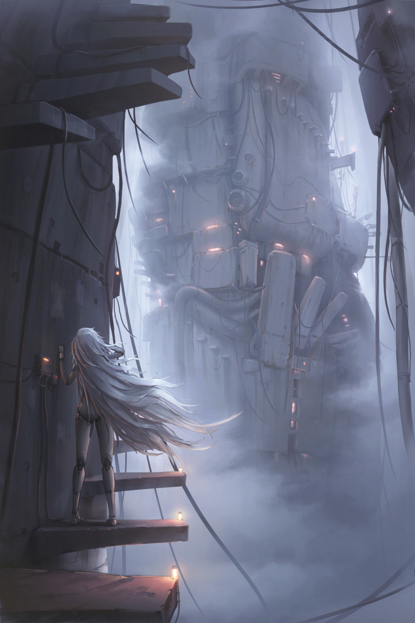 1girl absurdly_long_hair absurdres android cable commentary_request facing_away fog hand_on_wall hang000 highres lights long_hair messy_hair original robot_joints ruins science_fiction stairs tower tube very_long_hair white_hair wind wind_lift