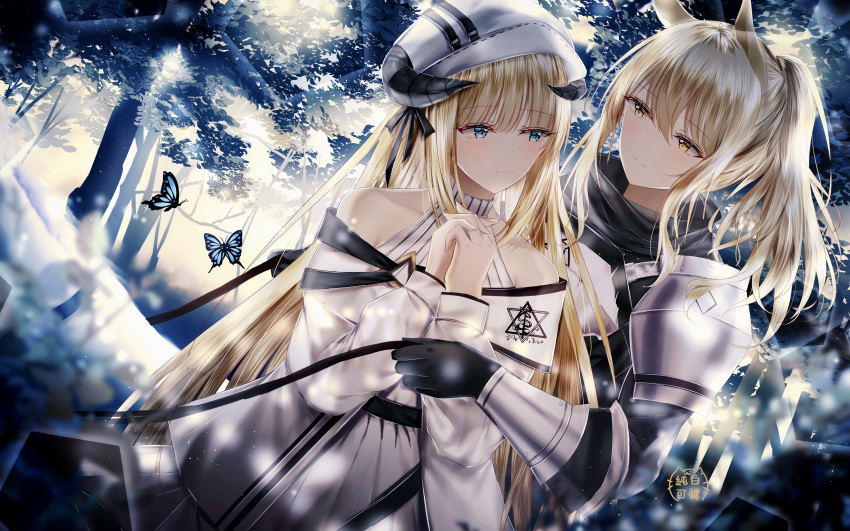 2girls absurdres animal_ears arknights armor backlighting bangs black_gloves black_scarf blonde_hair blue_eyes breastplate bug butterfly eyebrows_visible_through_hair forest gloves hair_between_eyes hair_ribbon hands_clasped hat highres horns insect junpaku_karen long_hair long_sleeves looking_at_another multiple_girls nature nearl_(arknights) nightingale_(arknights) outdoors own_hands_together pauldrons ponytail ribbed_sweater ribbon scarf short_hair sidelocks sweater tree turtleneck turtleneck_sweater upper_body white_sweater yellow_eyes