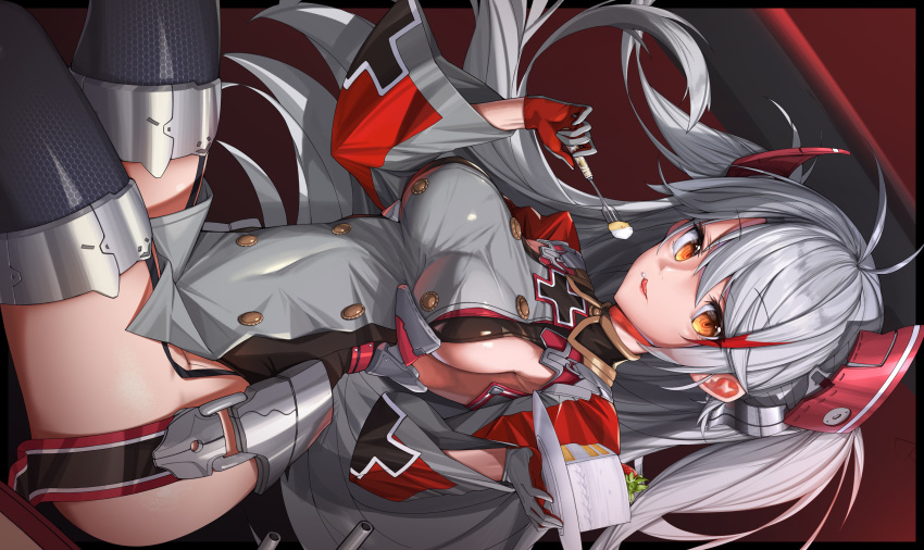 1girl :p absurdres antenna_hair azur_lane bangs bare_hips breasts cake double-breasted dress dutch_angle eyebrows_visible_through_hair food food_on_face fork garter_straps gloves grey_dress grey_gloves grey_legwear hair_between_eyes headgear highres holding holding_plate honeycomb_(pattern) iron_cross kyudong. large_breasts long_hair long_sleeves looking_at_viewer multicolored_hair orange_eyes plate prinz_eugen_(azur_lane) redhead short_dress sideboob silver_hair sitting slice_of_cake smile solo streaked_hair swept_bangs thigh-highs tongue tongue_out two_side_up very_long_hair