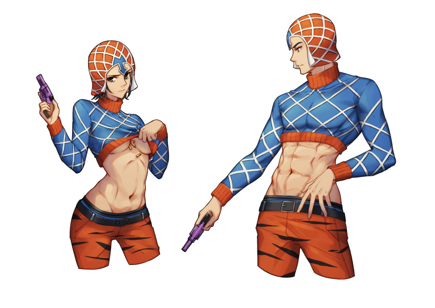 1boy 1girl abs belt black_hair breasts brown_eyes bullet cowboy_shot crop_top dual_persona expressionless genderswap genderswap_(mtf) groin guido_mista gun handgun hat highres jojo_no_kimyou_na_bouken long_sleeves medium_breasts navel orange_headwear pants profile revolver shirt_lift short_hair si_tong simple_background turtleneck under_boob vento_aureo weapon white_background