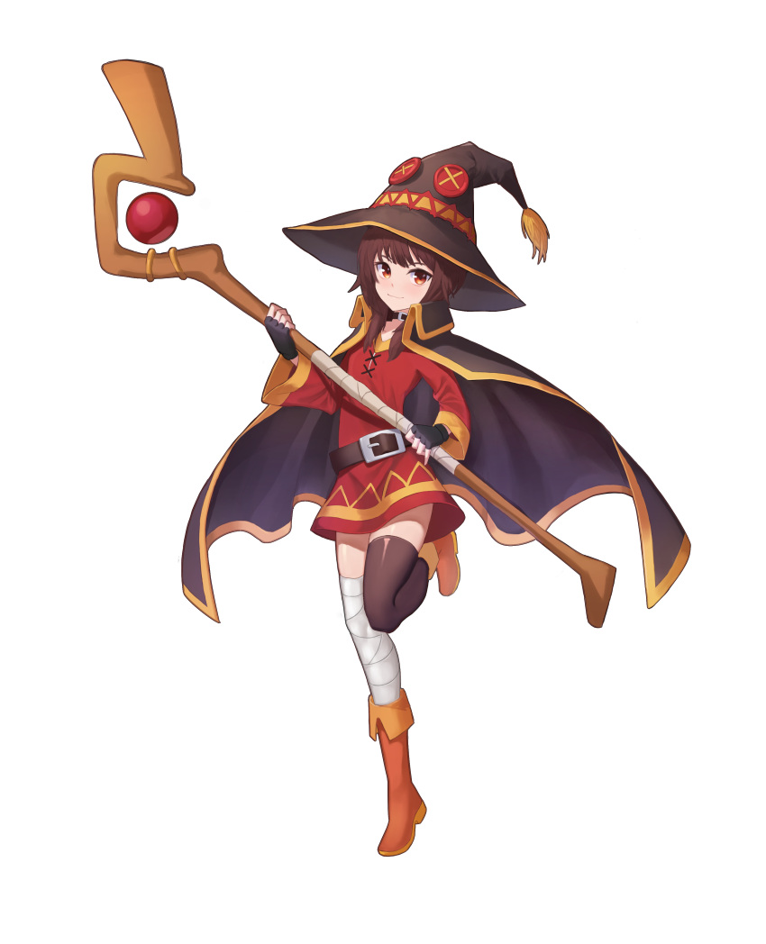 1girl absurdres bandaged_leg bandages belt black_legwear boots breasts brown_footwear brown_hair cape commentary_request dress fingerless_gloves gloves hat highres jjw1029 kono_subarashii_sekai_ni_shukufuku_wo! looking_at_viewer megumin open_mouth red_dress red_eyes short_hair simple_background single_thighhigh smile solo staff thigh-highs white_background witch_hat