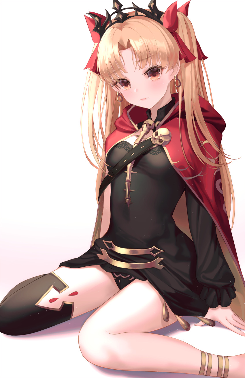 1girl absurdres anklet bangs black_dress black_legwear black_panties blonde_hair blunt_bangs blush bosumonki bow breasts cape cloak closed_mouth detached_collar dress earrings ereshkigal_(fate/grand_order) eyebrows_visible_through_hair fate/grand_order fate_(series) hair_bow highres hood hood_down jewelry long_hair long_sleeves looking_at_viewer orange_eyes panties pantyshot pantyshot_(sitting) parted_bangs red_bow red_cape shadow simple_background single_thighhigh sitting skull small_breasts solo strap thigh-highs tiara two_side_up underwear wariza white_background