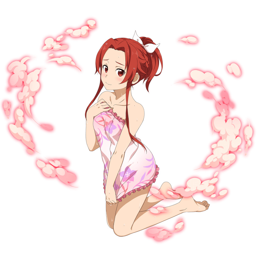 1girl bad_id barefoot blush bow braid closed_mouth collarbone floral_print frilled_towel full_body hair_bow hair_intakes high_ponytail highres kneeling long_hair looking_at_viewer naked_towel official_art pink_towel print_towel red_eyes redhead sidelocks smile soles solo sword_art_online sword_art_online:_alicization tied_hair tiese_schtrinen towel towel_tug transparent_background wet wet_hair white_bow