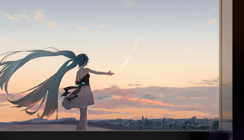 1girl aqua_hair bare_shoulders black_hairband blue_sky cityscape clouds commentary_request day elbow_gloves floating_hair from_behind gloves hairband hatsune_miku highres long_hair miku_symphony_(vocaloid) outdoors outstretched_arm panties sky solo standing thigh-highs twintails underwear very_long_hair vocaloid white_gloves white_legwear white_panties wind yyb zettai_ryouiki