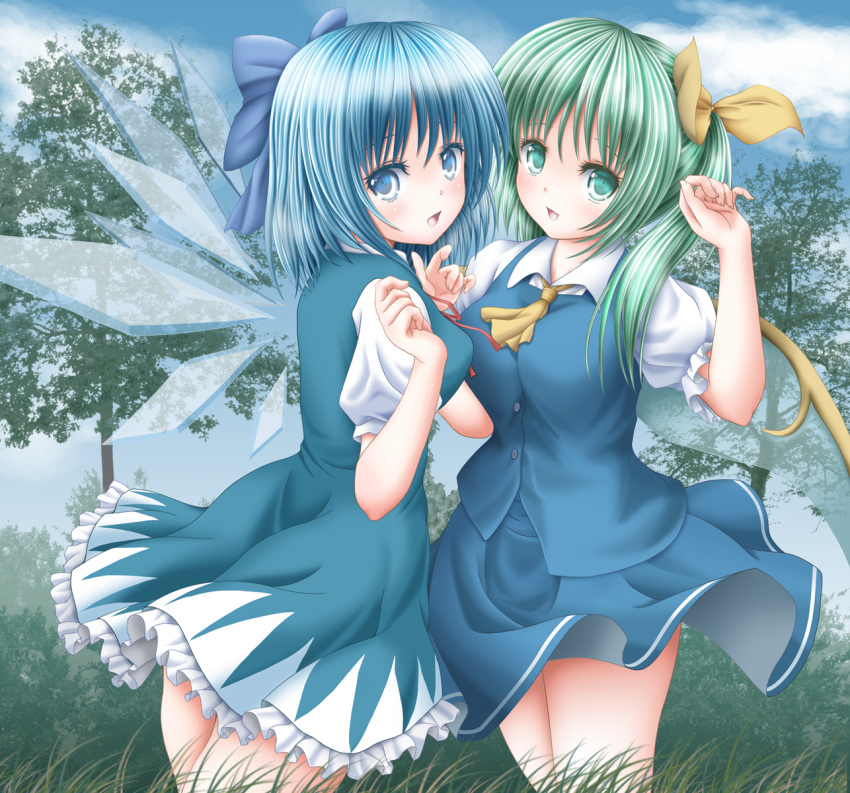 2girls akino_irori arms_up bangs blue_dress blue_eyes blue_hair blue_skirt blue_sky blue_vest bow cirno clouds commentary cravat cropped_legs daiyousei day dress fairy_wings from_side grass green_eyes green_hair hair_bow hair_ribbon head_tilt highres looking_at_viewer looking_back multiple_girls open_mouth outdoors petticoat pinafore_dress puffy_short_sleeves puffy_sleeves ribbon shirt short_hair short_sleeves side_ponytail skirt sky standing touhou tree vest white_shirt wind wind_lift wings yellow_neckwear