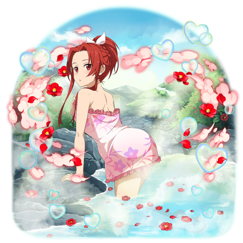 1girl arm_support bow braid floral_print flower frilled_towel hair_bow hair_intakes high_ponytail highres leaning_forward long_hair naked_towel official_art onsen open_mouth pink_towel print_towel red_eyes red_flower redhead shiny shiny_hair shoulder_blades solo sword_art_online tied_hair tiese_schtrinen towel transparent_background wading wet wet_hair white_bow