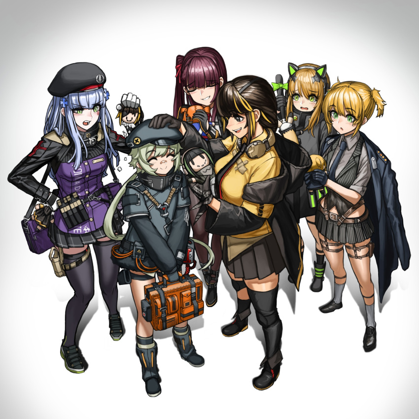 6+girls bandaid bandaid_on_nose bangs beret black_footwear black_gloves black_hair black_headwear black_legwear black_skirt blonde_hair blush cat_ear_headphones character_doll closed_eyes closed_mouth commentary_request eyebrows_visible_through_hair facial_mark girls_frontline gloves green_eyes green_hair hair_ornament hair_ribbon half_updo hat headphones highres hk416_(girls_frontline) hs2000_(girls_frontline) jacket jojogwang kneehighs long_hair long_sleeves m16a1_(girls_frontline) m4a1_(girls_frontline) multicolored_hair multiple_girls necktie open_mouth petting pleated_skirt purple_hair red_ribbon ribbon silver_hair skirt smile standing teeth thigh-highs tmp_(girls_frontline) two-tone_hair wa2000_(girls_frontline) welrod_mk2_(girls_frontline)