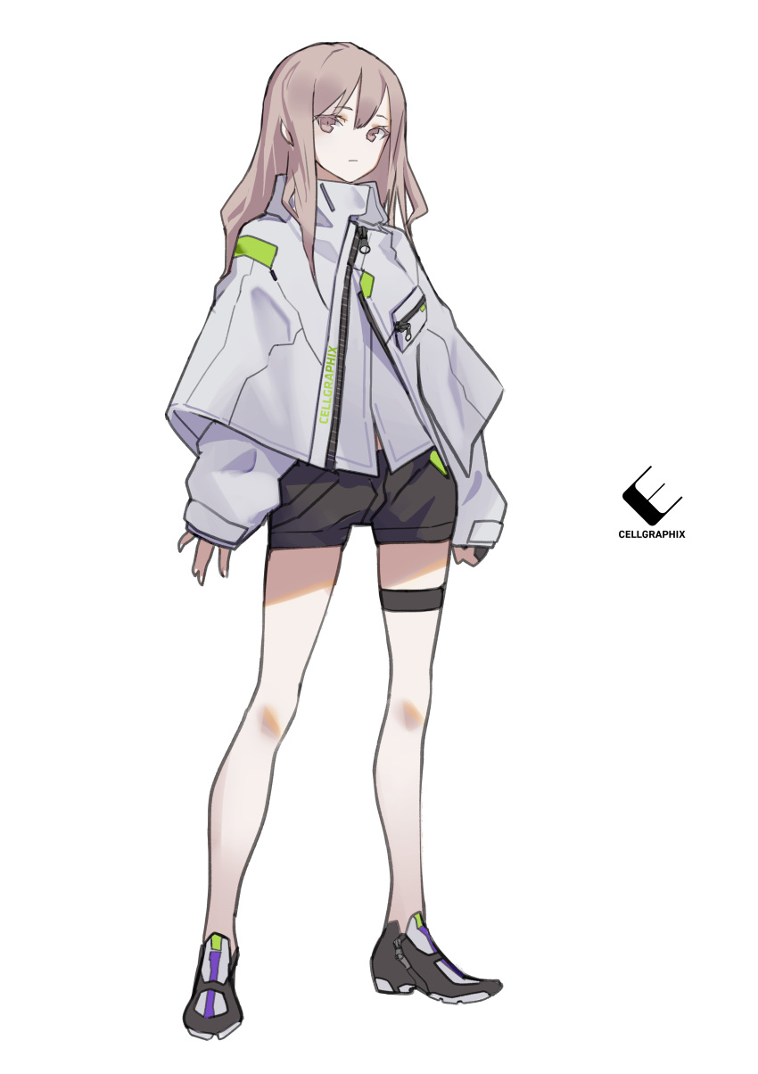 1girl absurdres bangs black_shorts brown_eyes brown_hair cancell cloak eyebrows_visible_through_hair highres jacket legs_apart looking_at_viewer original science_fiction shorts solo standing thigh_strap white_background