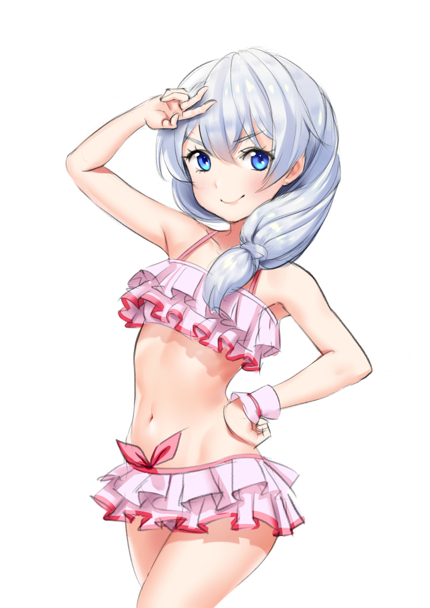 1girl absurdres arm_up bangs bikini bikini_skirt blue_eyes closed_mouth collarbone cowboy_shot eyebrows_visible_through_hair frilled_bikini frills hair_between_eyes hair_over_shoulder hand_on_hip highres honkai_(series) layered_skirt long_hair looking_at_viewer miniskirt navel pink_bikini pink_skirt shiny shiny_hair silver_hair simple_background sketch skirt smile solo standing swimsuit theresa_apocalypse tied_hair user_ecad5325 v white_background wrist_cuffs